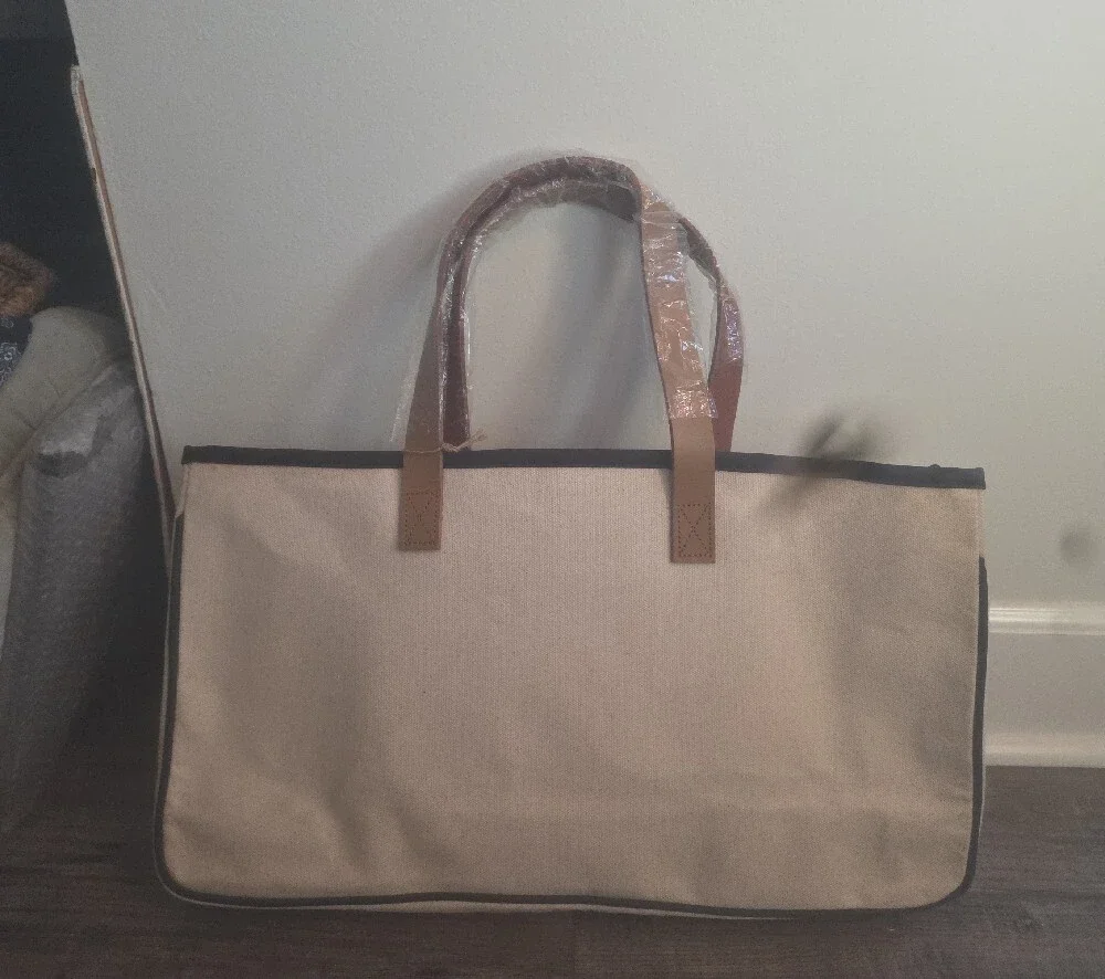 Canvas Carry Tote Bag with Leather Handles - Beige/Black